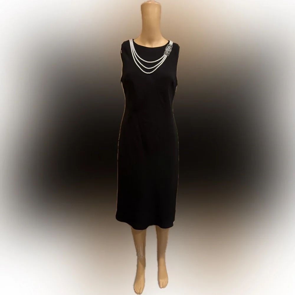 NWT Evan Picone Black Sleeveless Cocktail Dress w/ Pearl Necklace Sz 6 attached